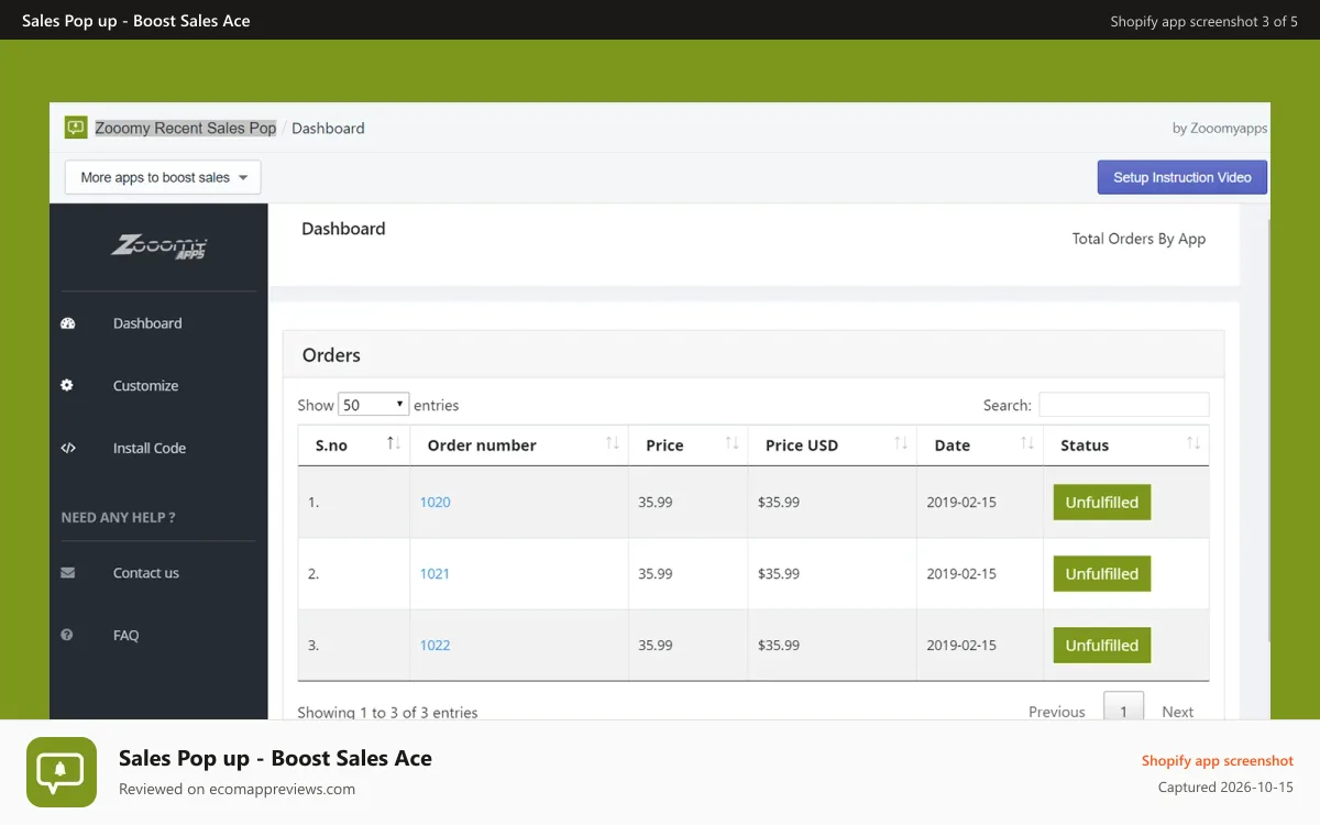 Sales Pop up ‑ Boost Sales Ace Shopify app screenshot: Zooomy sales pop order list