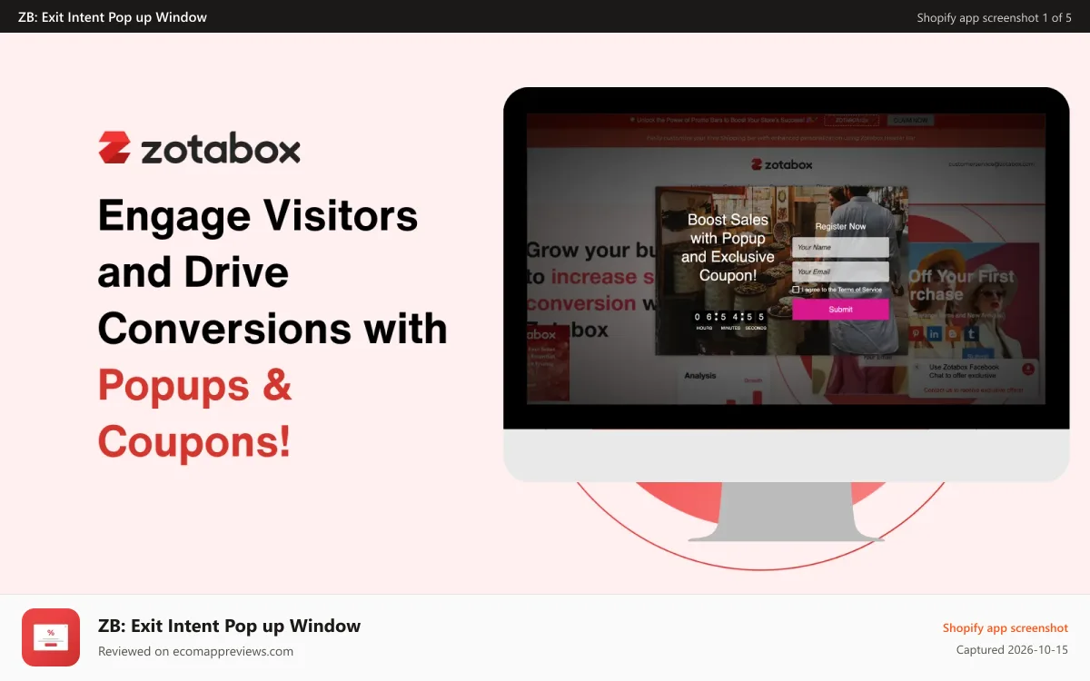 ZB: Exit Intent Pop up Window Shopify app screenshot: Customizable pop-up windows to promote coupons and run promotion