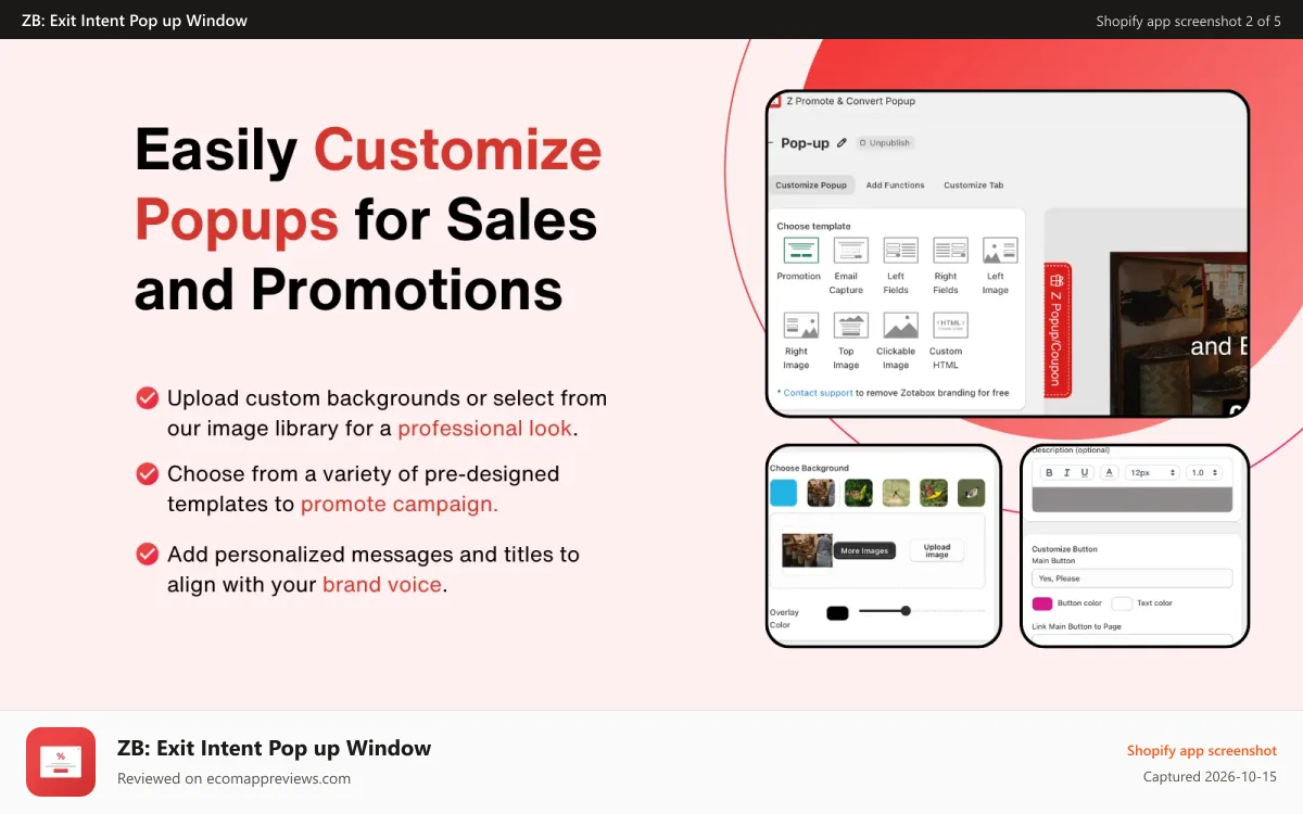 ZB: Exit Intent Pop up Window Shopify app screenshot: Promotion popup for new releases and deals