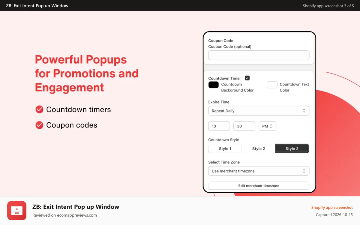 ZB: Exit Intent Pop up Window Shopify app screenshot: Exit intent and more Functions for pop-up windows