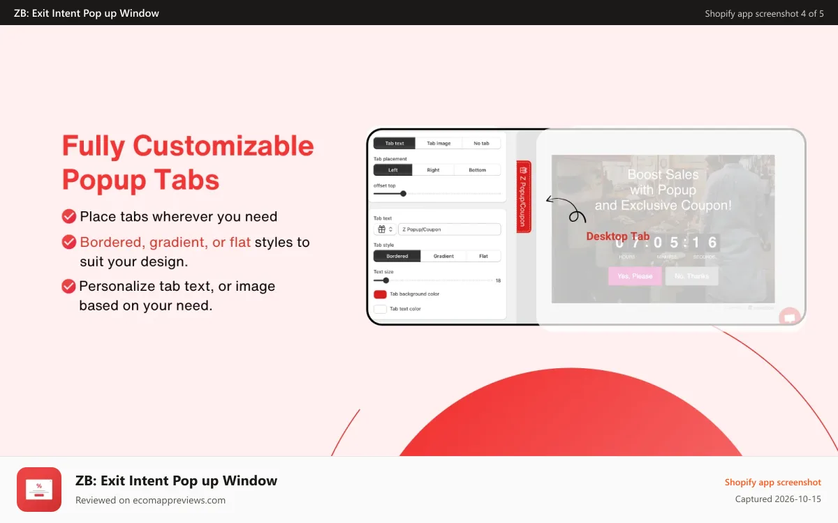 ZB: Exit Intent Pop up Window Shopify app screenshot: Fully customized popup tab