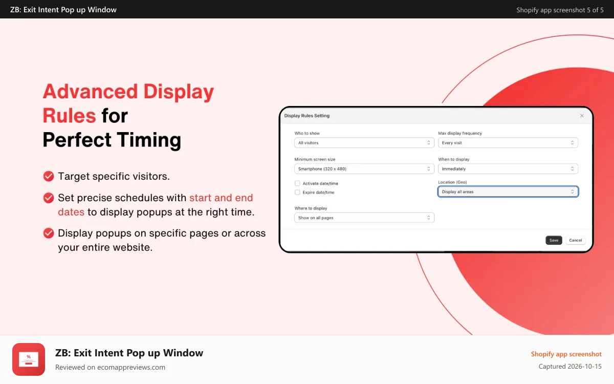 ZB: Exit Intent Pop up Window Shopify app screenshot: Display options for pop-up windows